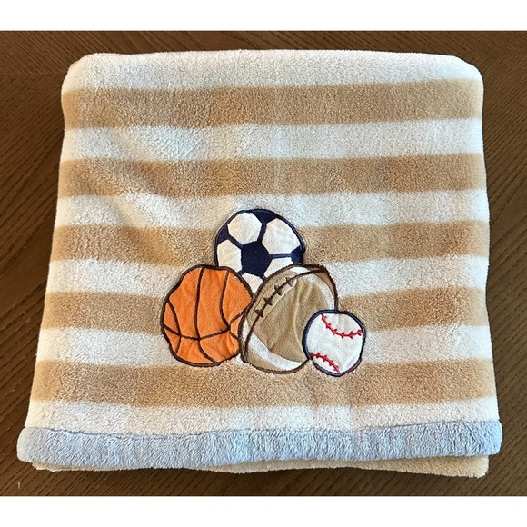 Carters Sports Baby Blanket 38 x 28'' Tan White Stripes Football Soccer Baseball - Picture 1 of 6